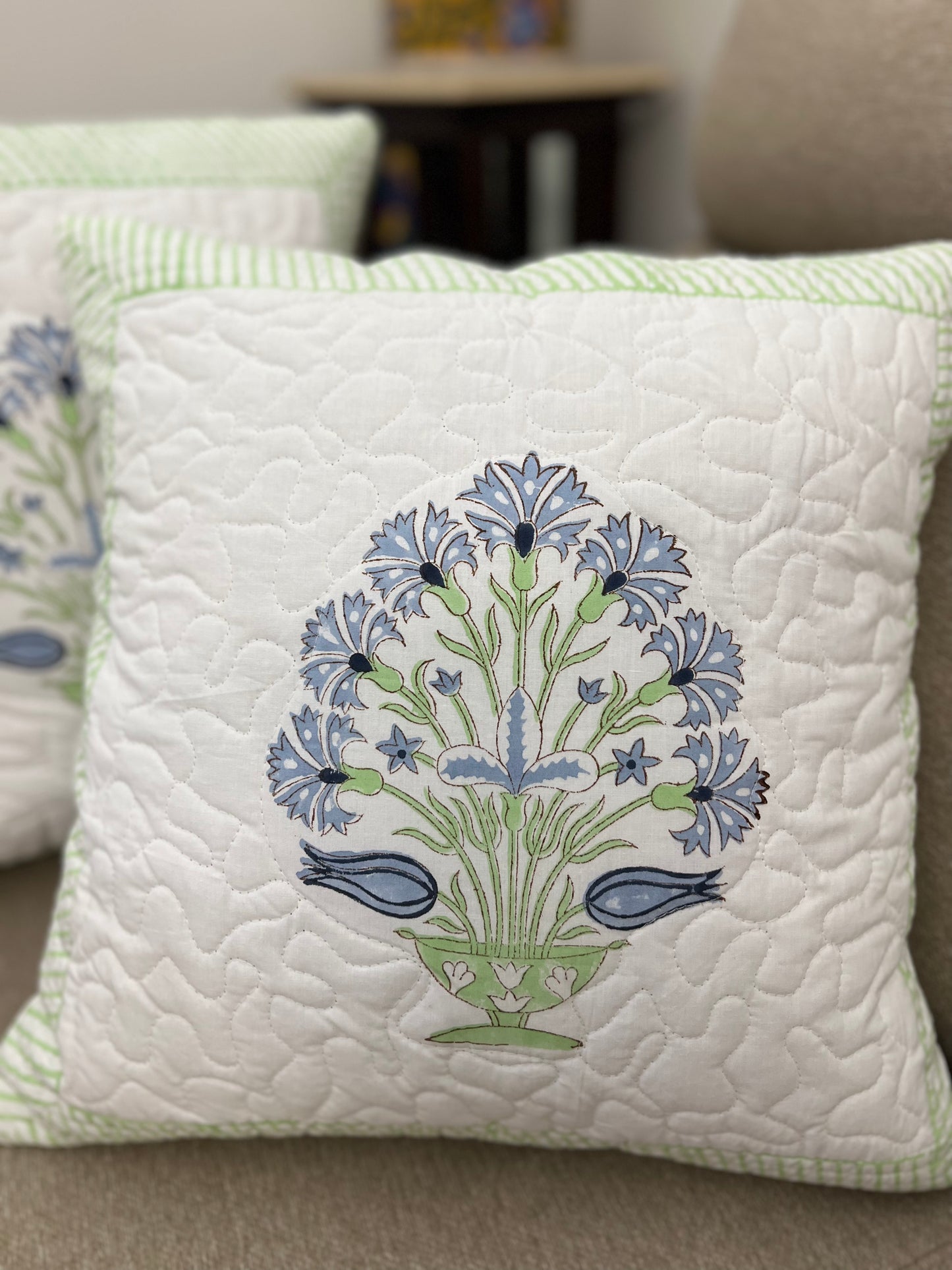 Pair | Quilted Cushion Cover | 16*16 Inches | Light Blue & Green