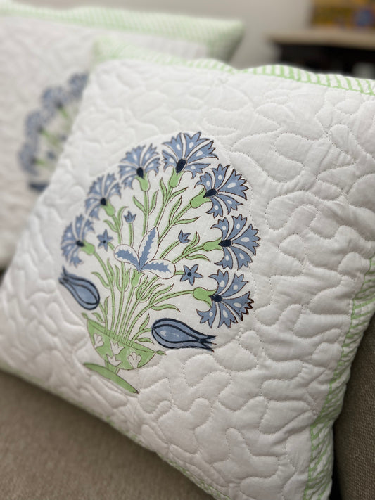 Pair | Quilted Cushion Cover | 16*16 Inches | Light Blue & Green