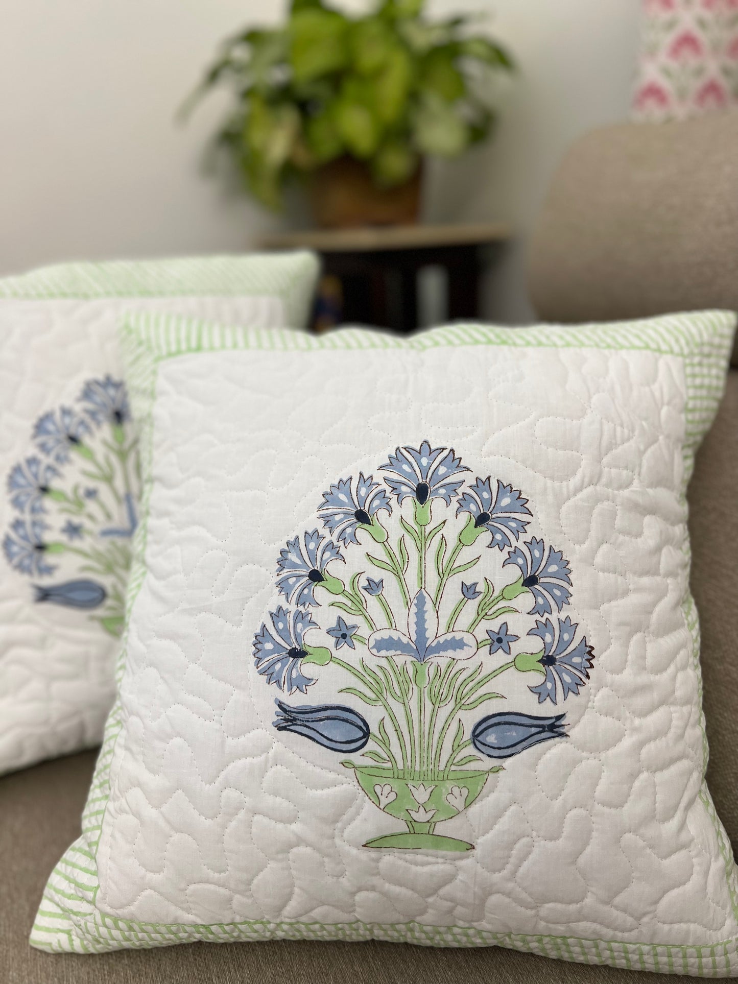 Pair | Quilted Cushion Cover | 16*16 Inches | Light Blue & Green