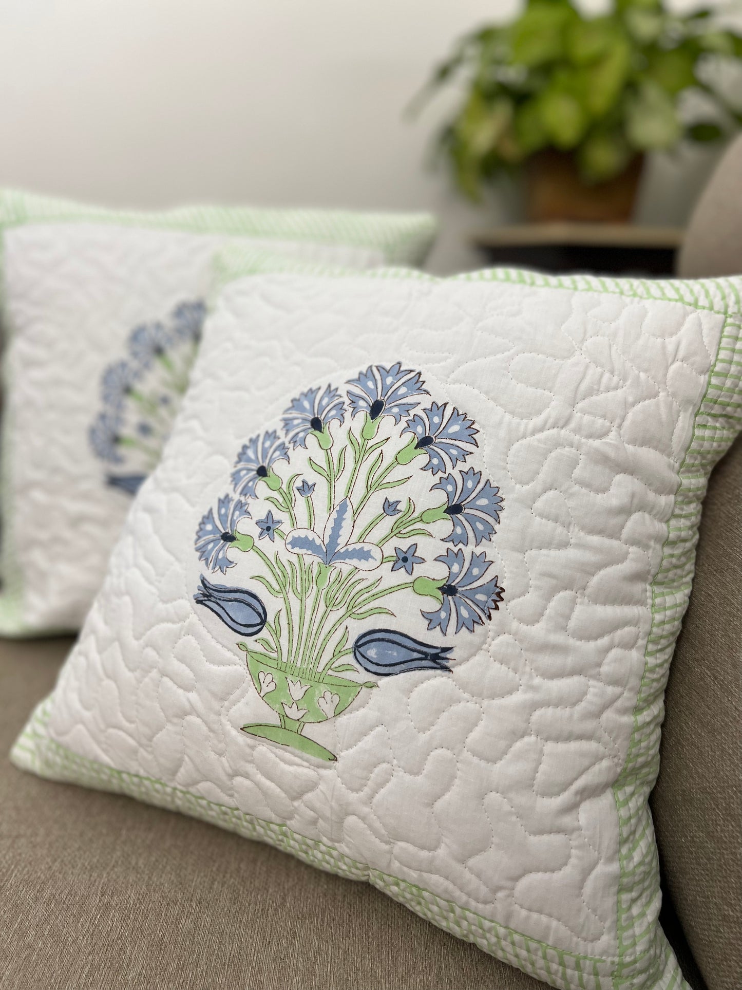 Pair | Quilted Cushion Cover | 16*16 Inches | Light Blue & Green