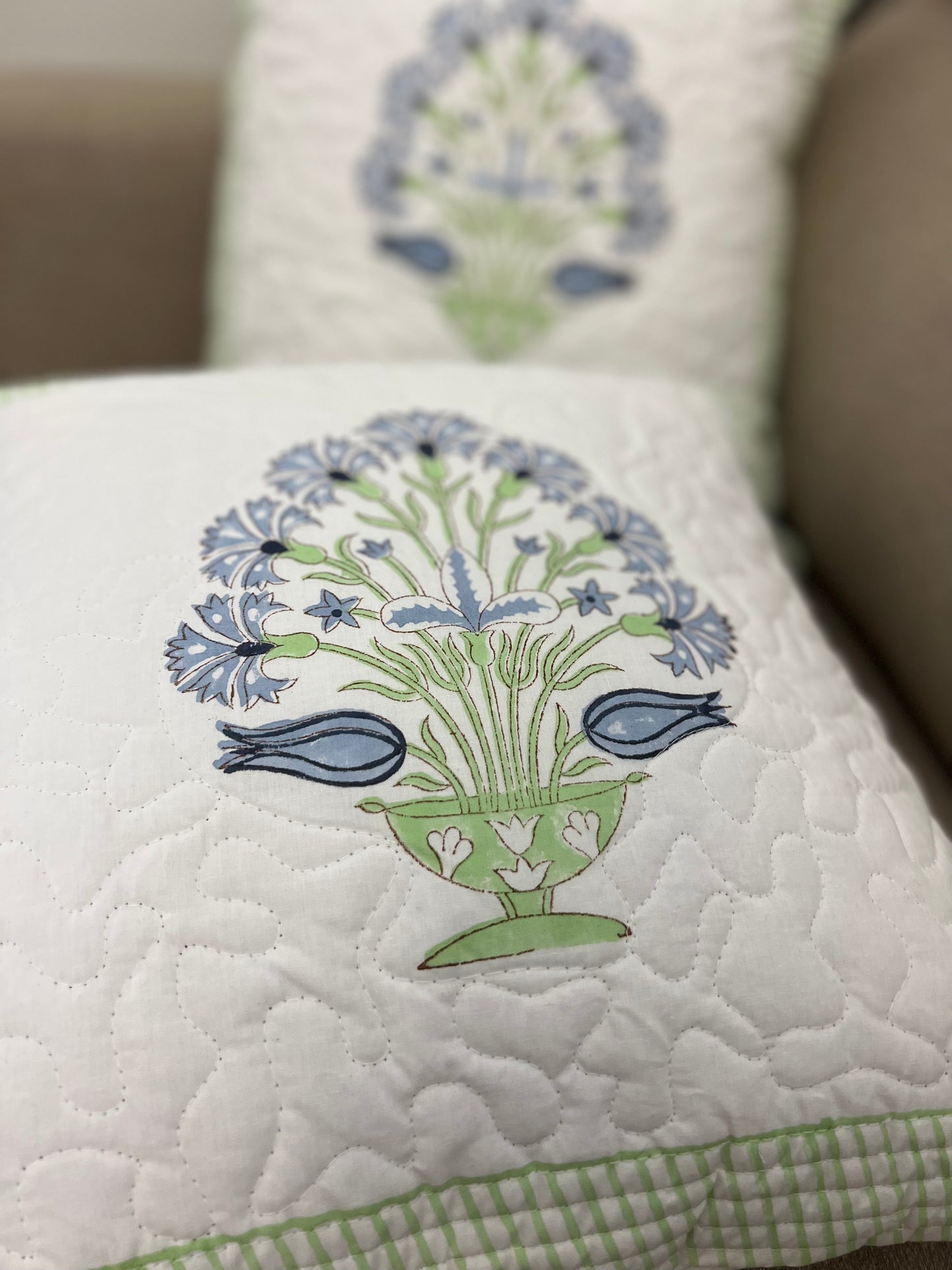 Pair | Quilted Cushion Cover | 16*16 Inches | Light Blue & Green