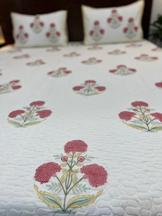 Quilted Bedcover | 90*108 Inches | Pink Poppy yellow Border