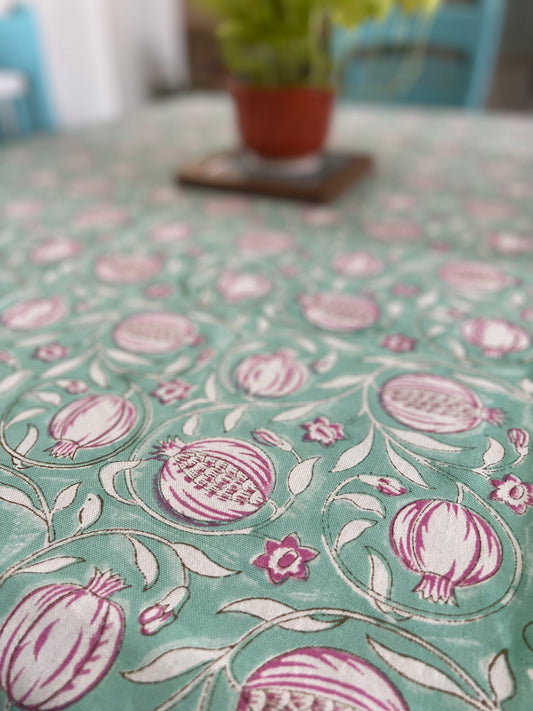 Table Cover 60*90 Inches | Canvas | Madhuban | Aqua Green & Pink