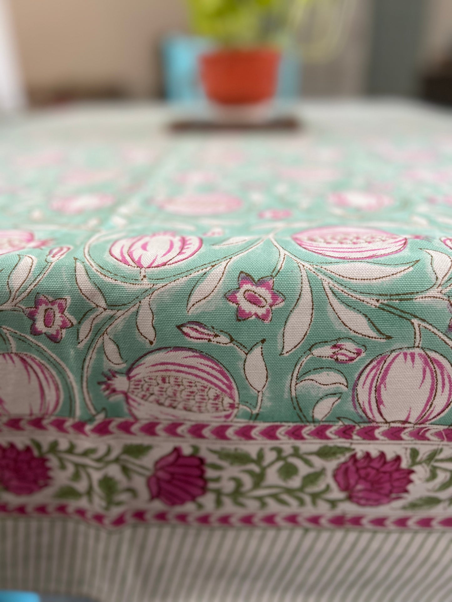 Table Cover 60*90 Inches | Canvas | Madhuban | Aqua Green & Pink