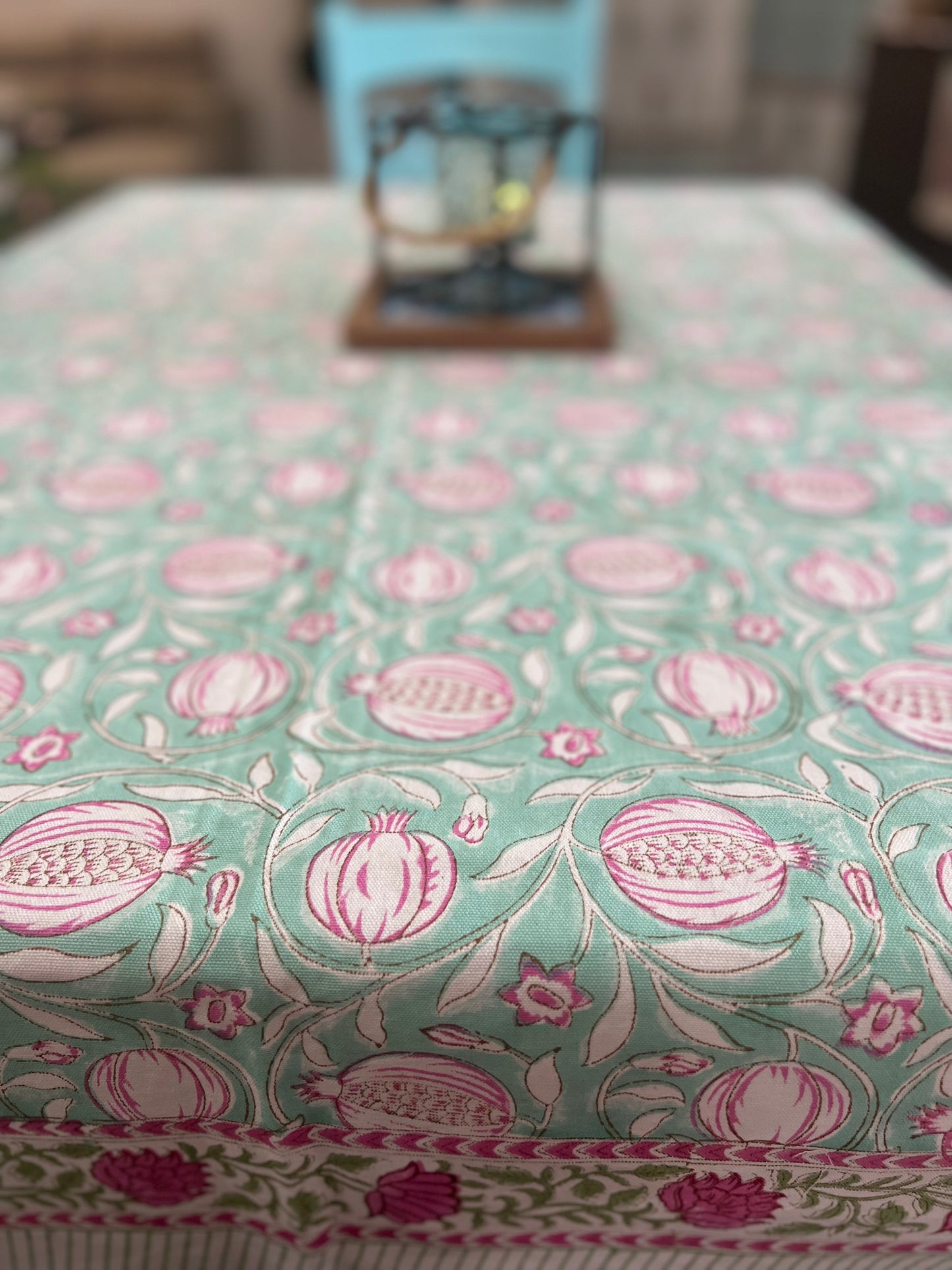 Table Cover 60*90 Inches | Canvas | Madhuban | Aqua Green & Pink