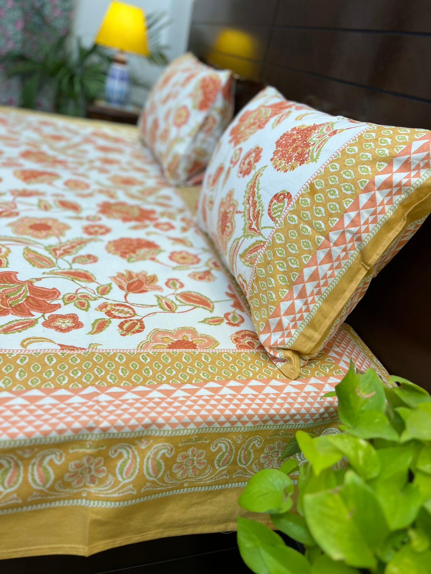 King Size Bedsheet | 90*108 Inches | Orange Floral