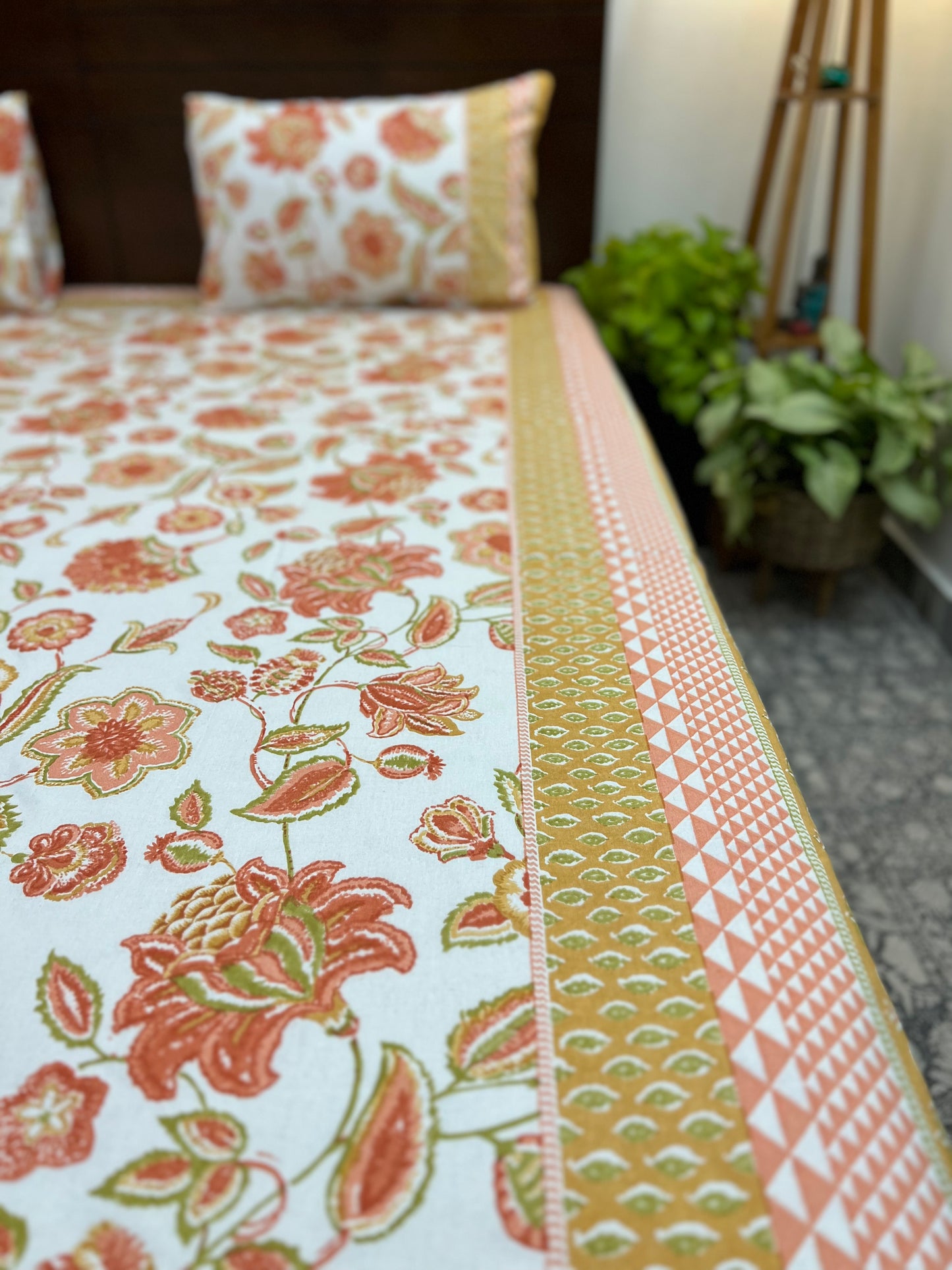 King Size Bedsheet | 90*108 Inches | Orange Floral