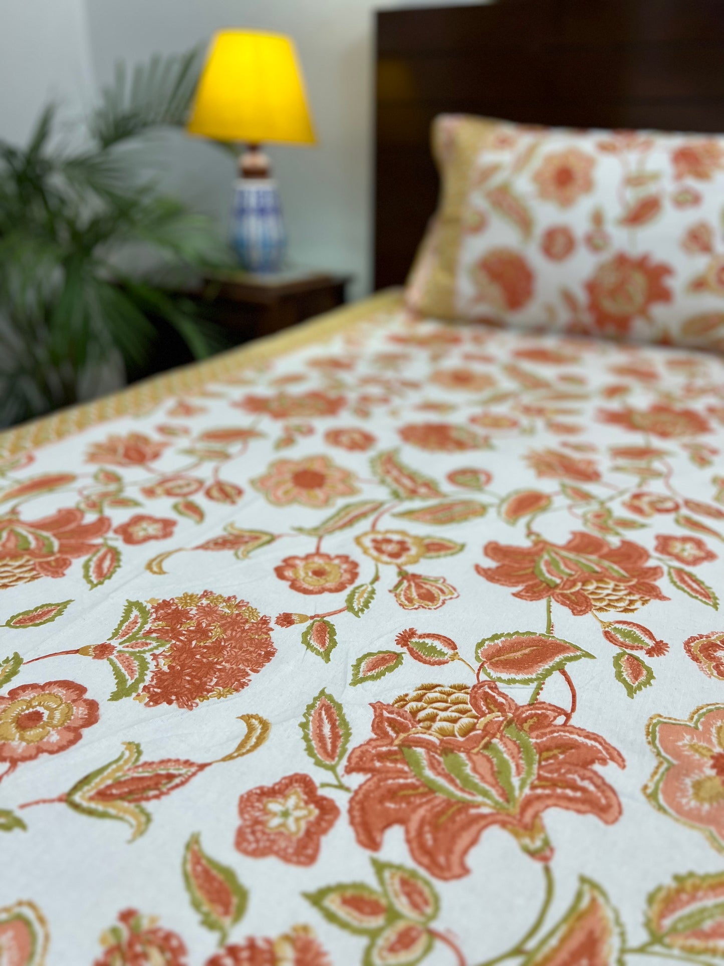 King Size Bedsheet | 90*108 Inches | Orange Floral