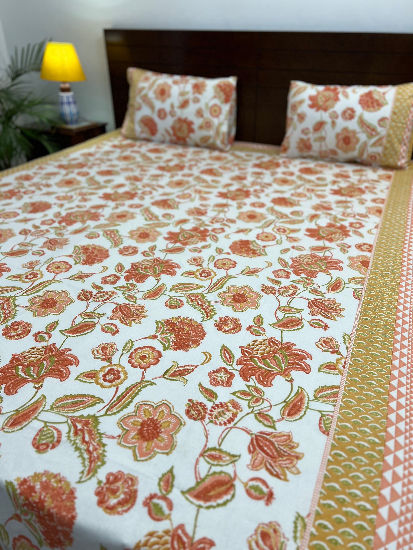 King Size Bedsheet | 90*108 Inches | Orange Floral