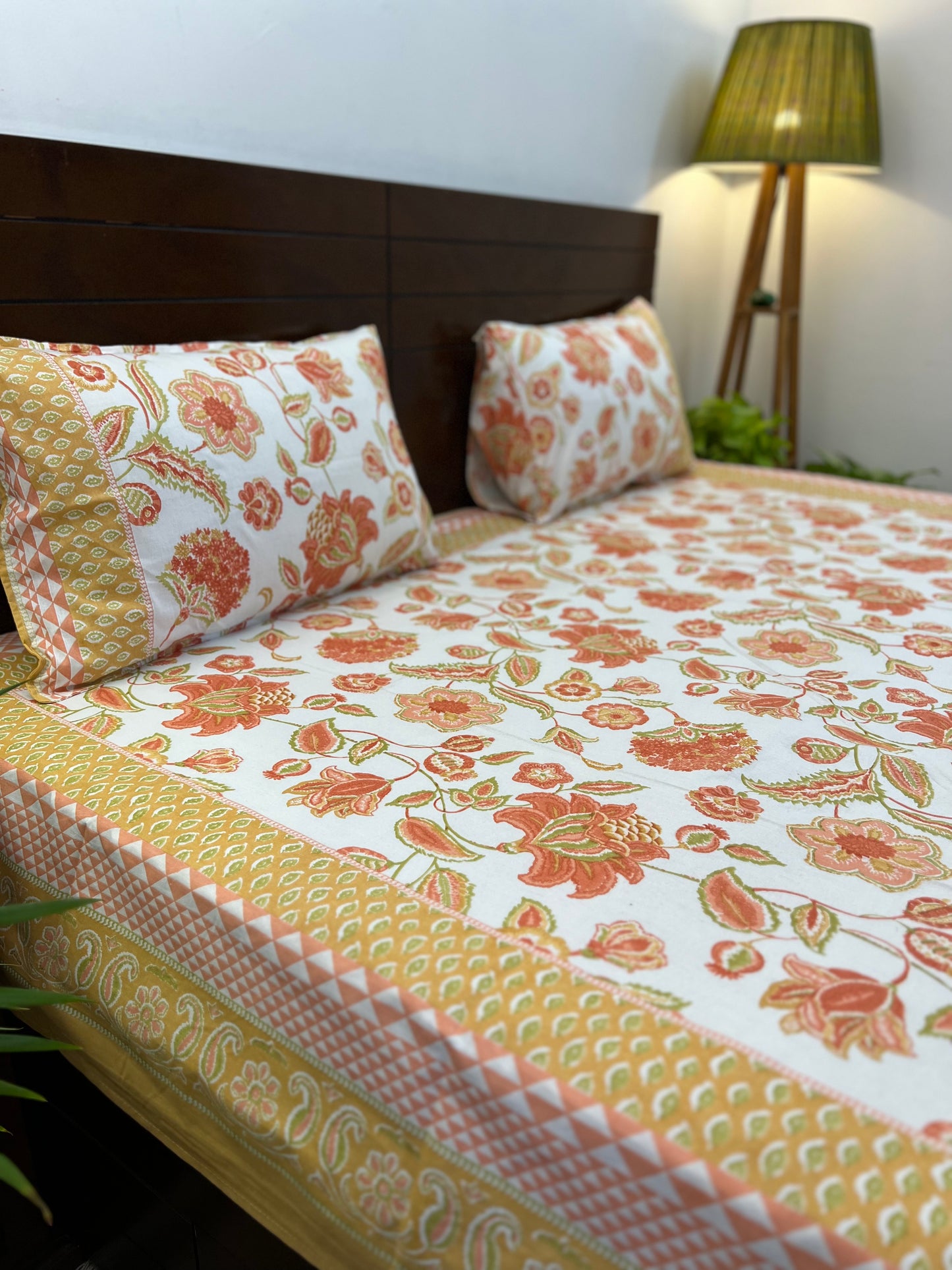 King Size Bedsheet | 90*108 Inches | Orange Floral