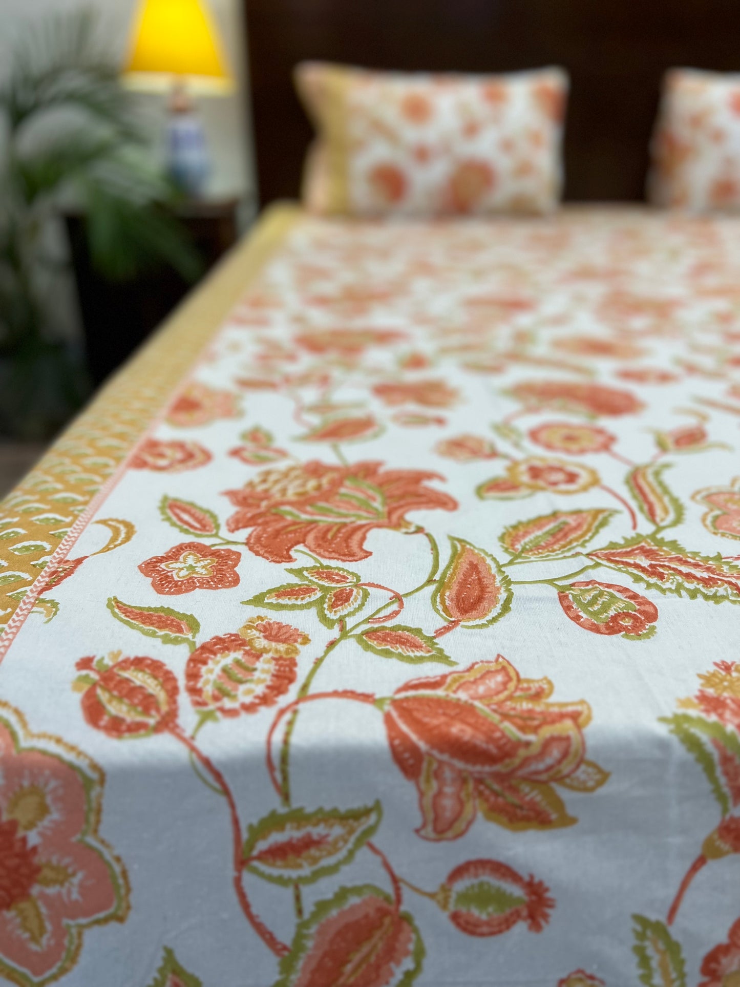 King Size Bedsheet | 90*108 Inches | Orange Floral