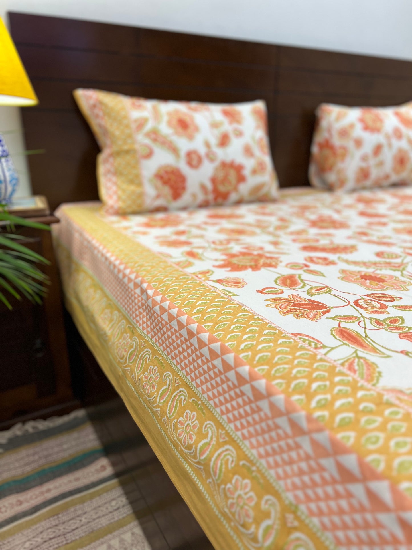 King Size Bedsheet | 90*108 Inches | Orange Floral