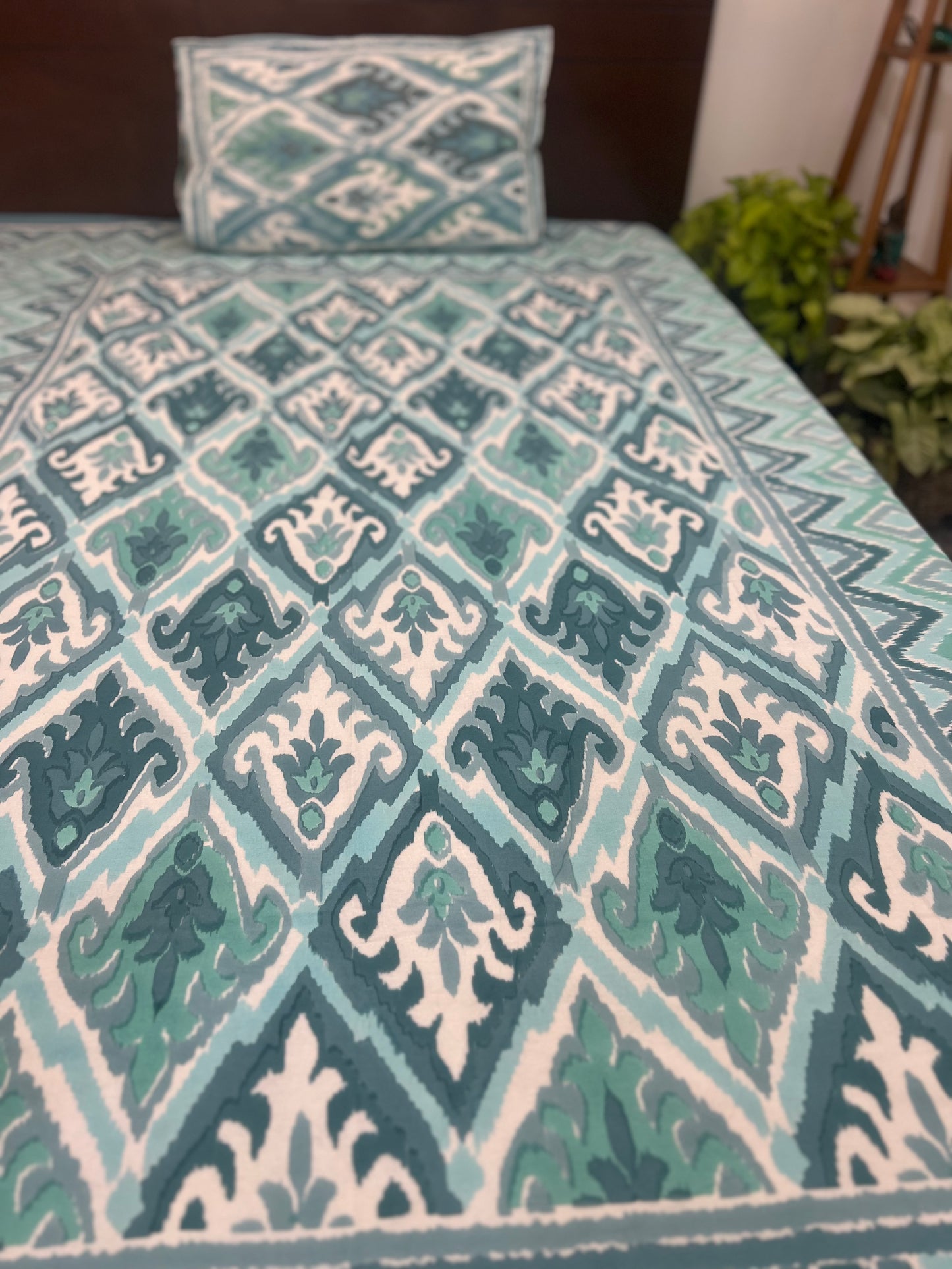 Single Size | 60*90 Inches | Aqua Ikkat Bedsheet with One Pillow Case