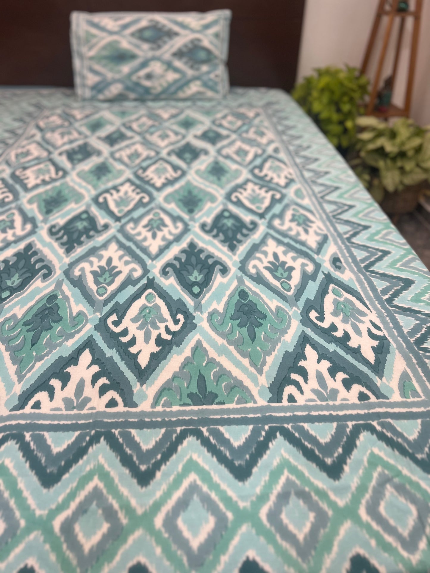 Single Size | 60*90 Inches | Aqua Ikkat Bedsheet with One Pillow Case