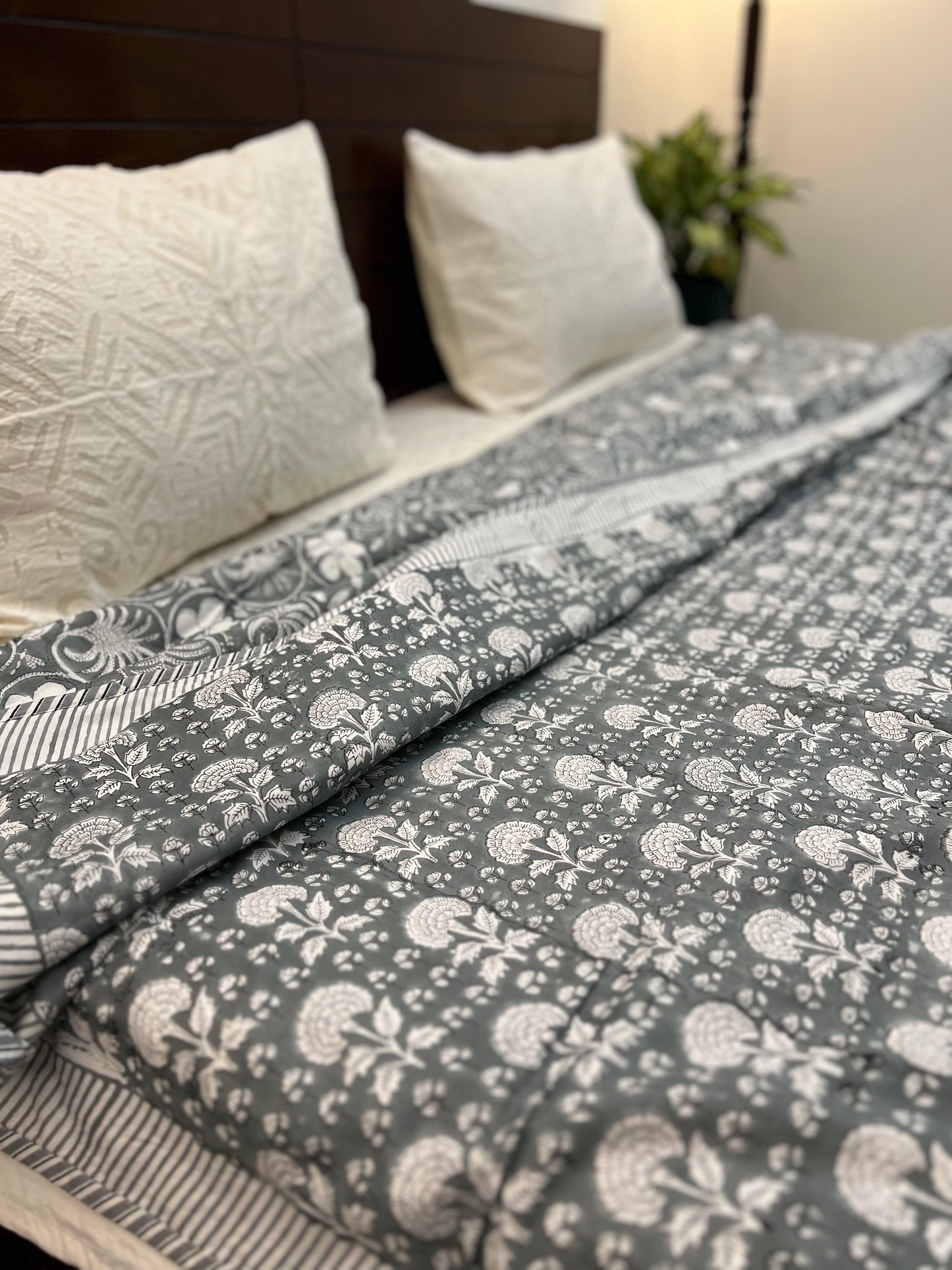 Reversible Hand Block Dohar | King Size | 90*108 Inches | Grey's